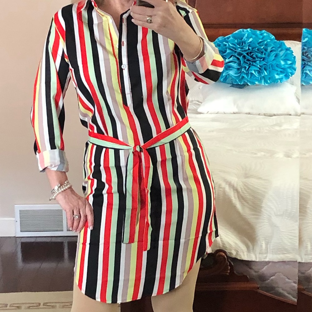 Striped shirt dress with tie - Picture 2 of 7